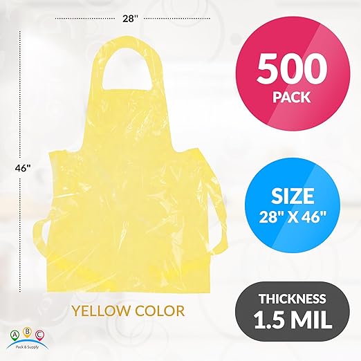 ABC PACK & SUPPLY Yellow Plastic Disposable Aprons Adults for Painting, 28 x 46 Inches. Pack of 500 Disposable Plastic Aprons, 1.5 Mil. Unisex Waterproof Polyethylene Painting Apron for Food Industry