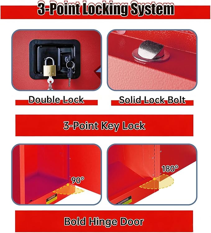 Flammable Storage Cabinet 30 Gallon Red, Galvanized Steel Professional Flammable Liquid Storage Cabinet, 3-Point Locking System & Adjustable Shelf for Manufacturing Plants, Lab & Home Garage