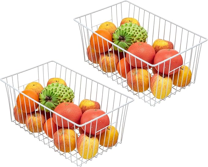 Upright Freezer Organizer Bins， Freezer Baskets for 16, 17, 21 cu.ft Standup Freezer, Wire Storage Baskets with Built-in Handles, 4Pcs , White