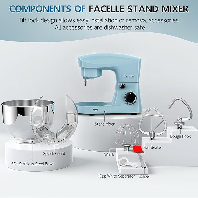 Facelle Stand Mixer, 10-Speed 6QT Kitchen Electric Mixer, Tilt-Head Food Mixer with Beater, Dough Hook, Wire Whip and Egg Separator, scraper for Most Home Cooks (Blue)