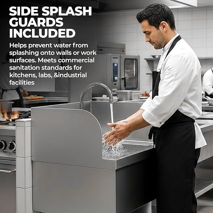 Stainless Steel Hands-Free Wall-Mounted Hand Sink – 17" x 15" with Knee Pedals, Faucet & Side Splash Guards – NSF Certified