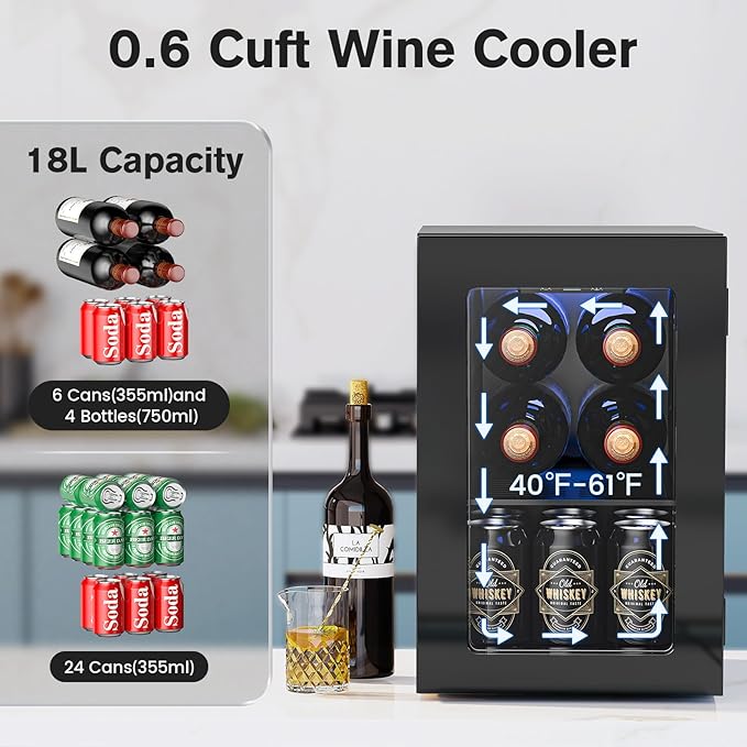 Wine Cooler Refrigerator with Glass Door, Mini Wine Fridge for Red, White and Champagne, Built-in Wine Cellar, 40-61F Digital Temperature Control, Indoor Use