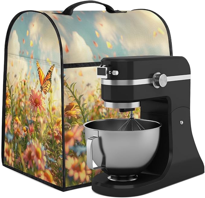 Kitchen Aid Mixer Cover Lovely Butterfly Flower Stand Mixer Cover Compatible with 6-8 Quarts Stand Mixers, Dust Covers with Zipper Pocket Foldable Washable Kitchen Aid Organizer Bag