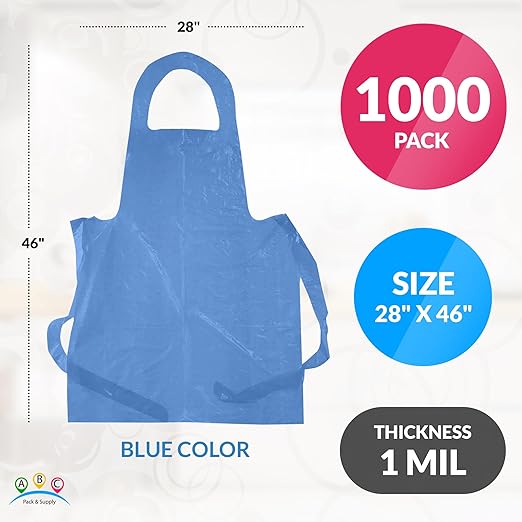 ABC PACK & SUPPLY Blue Plastic Disposable Aprons Adults for Painting, 28 x 46 Inches. Pack of 1000 Disposable Plastic Aprons, 1 Mil. Unisex Waterproof Polyethylene Painting Apron for Food Industry