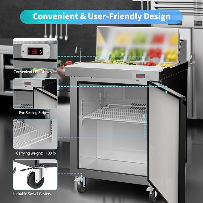 29" W Sandwich Salad Prep Table Refrigerator Commercial Refrigerator with 8 Pans Stainless Steel Fan Cooling Kitchen Equipment