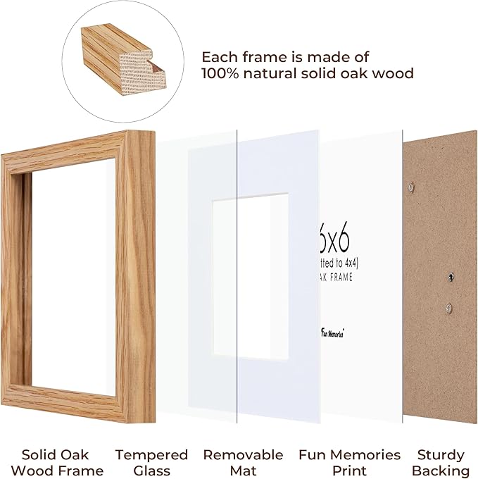 6x6 Picture Frames, Solid White Oak Wood Frame 6 x 6 with Stand for Wall & Tabletop Display, Rustic Wooden Photo Frame 6 by 6 with Real Glass, 6x6 Frame Matted to 4x4, Natural Color, Set of 4