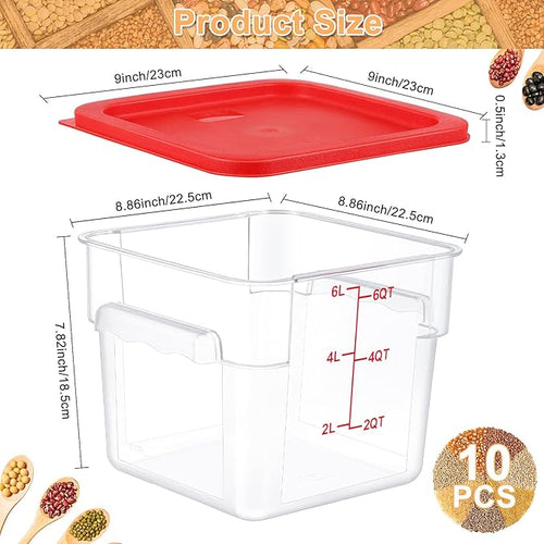 10 Sets 6 Qt Square Food Storage Containers with Lids Commercial Polycarbonate Containers Dough Proofing with Scale Clear Airtight Cereal for Pantry Home Restaurant