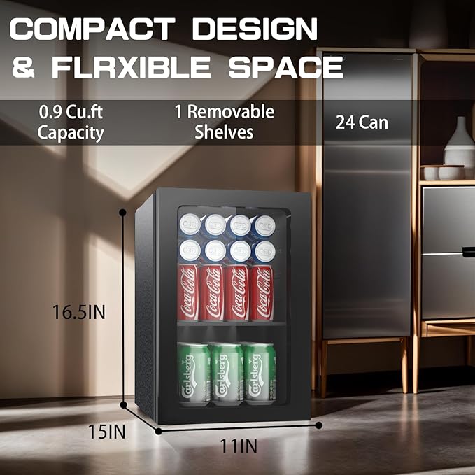 Beverage Refrigerator Cooler, 0.9 Cu/24 Can Drink Fridge with Adjustable Shelves & Clear Door for Soda Wine Beer, Countertop Mini Fridge, Compact Design for Home/Office/Bar (40-61 ℉) Black
