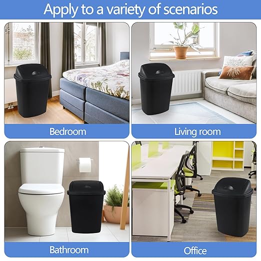7 Gallon Plastic Kitchen Garbage Can, Black Trash Can with Swing Lid, 4 Pack