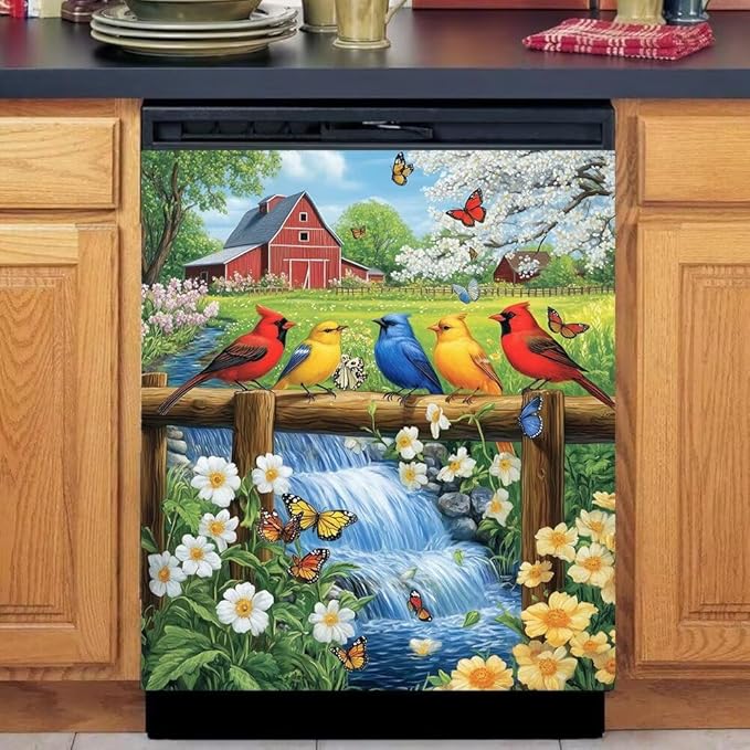 Colorful Birds on Fence with Red Barn Farm Scene Magnetic Dishwasher Cover Vinyl Sticker,Spring Dishwasher Magnet Cover,Fridge Door Cover Magnets Art Skin Panel Decal for Home Decor, 23"X26"