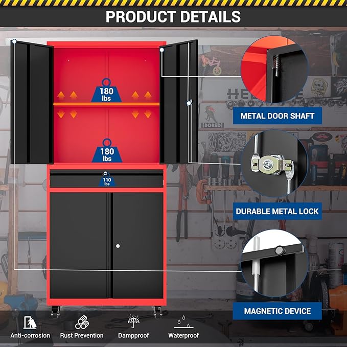 73" Metal Cabinet-Black & Red Heavy Duty Rolling Storage Cabinet Steel Tool Cabinets with Wheels, Shelves, Lockable Doors and Drawers- for Garage, Warehouse Home Office- Assembly Required
