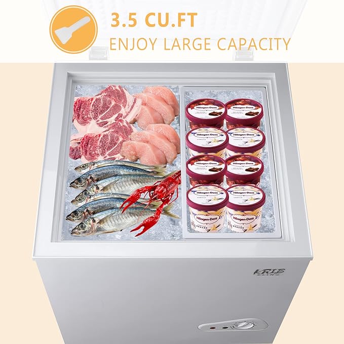 3.5 Cu.Ft Compact Chest Freezer with Removable Basket, Krib Bling Top Door Open Freestanding Deep Freezer with 7 Gears Temperature Adjustment, Ideal for Home, Kitchen & Office, White