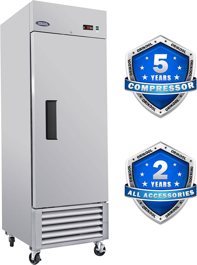 mikibama 27"W Commercial Refrigerator with Single Solid Door 23 Cu.ft Reach-In Refrigerators Stainless Steel ETL Approved Upright Fridge Storage for Restaurant,Temp Control 34℉~40℉, LED Light