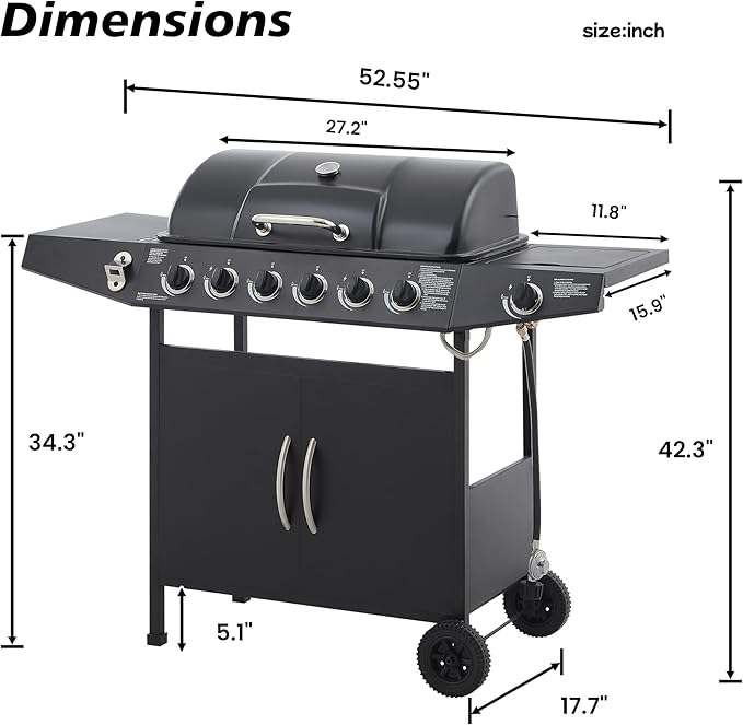 6 Burner Propane Gas Grill, 59,000 BTU Gas Grill with Side Burner, BBQ Grill with Cast Iron Grates, Stainless Steel Frame, 576 Sq In Cooking Area, Outside Grill for Patio Backyard, Patio