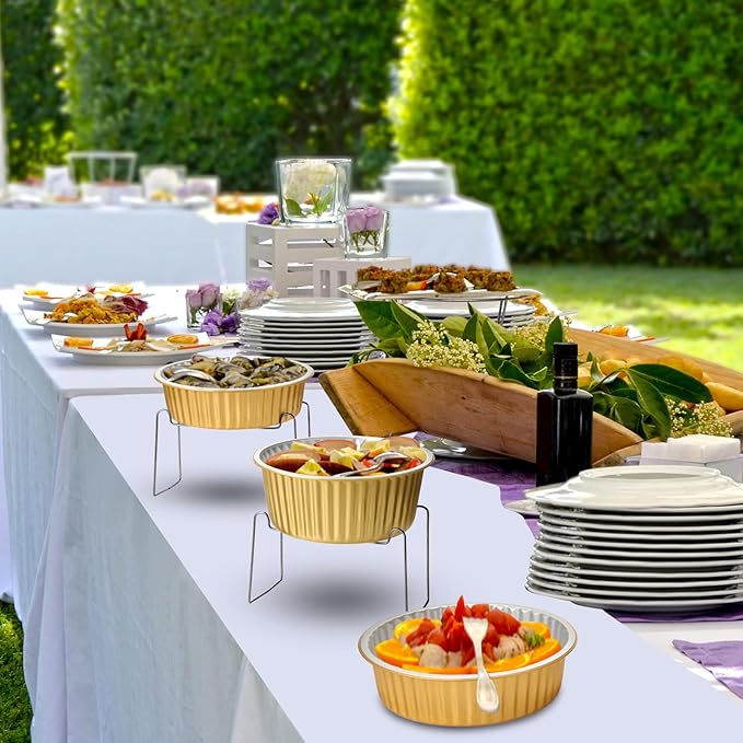 Meanplan 6 Set Disposable Chafing Dishes Buffet Set Gold Chafer Wire Racks Stand Kit Dish Food Warmer Catering Serving Trays Party Supplies Include Chafer Pans Serving with Utensils and Buffet Stand