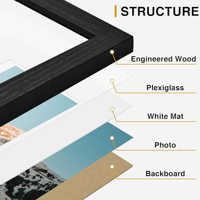 Vittanly Picture Frames Set of 10, Picture Frames Collage Wall Decor with Two 8x10, Four 5x7, and Four 4x6 Photo Frames, Gallery Wall Frame Set for Wall or Tabletop Display, Black, Grey and White