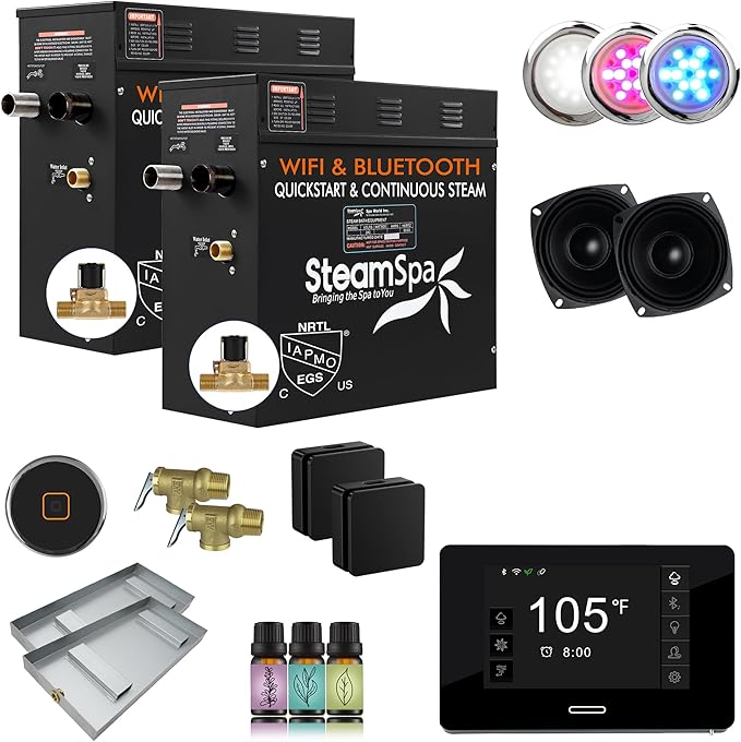SteamSpa Steam System 15kW Steam Shower Generator with Bluetooth Wifi, Quickstart Continous Steam, Advanced Touch Pad Screen, Chroma Lights, Drain Pan and Auto Drain Black RVBS1500BK-A