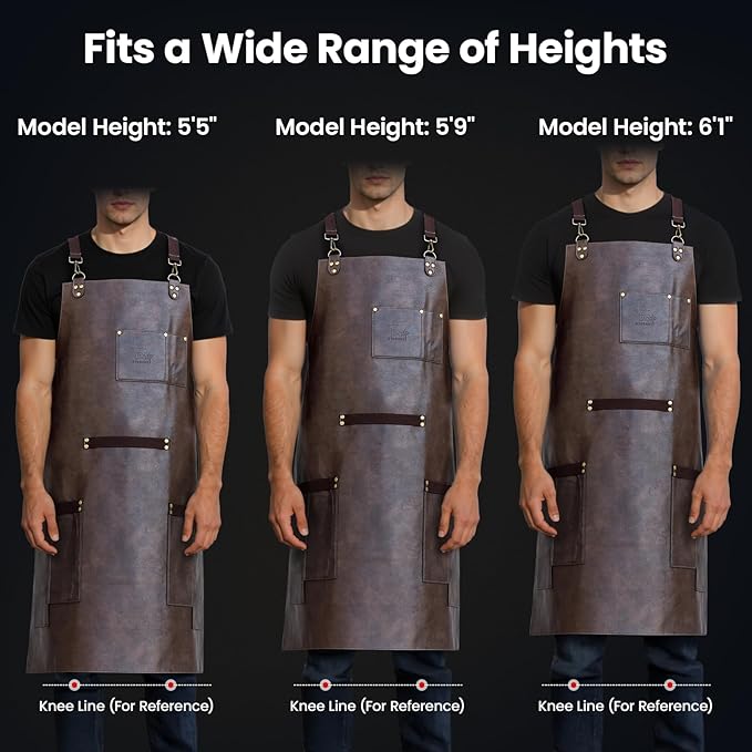 Leather Chef Cooking Apron for Men, Cross Back Apron for All-Day Comfort, Waterproof Apron with Multiple Pockets, Great for Kitchen, Baking, BBQ, Butcher Work or Crafts, Ideal Gift
