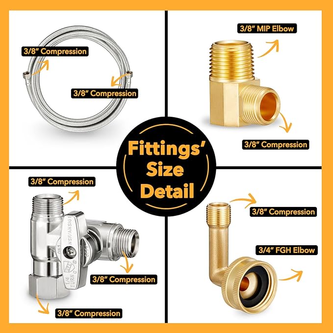 Dishwasher Hose Installation Kit - Includes Water Supply Line, 3/8" Compression Water Splitter, 3/4" FHT Elbow, and 3/8" MIP Elbow (20 FT)