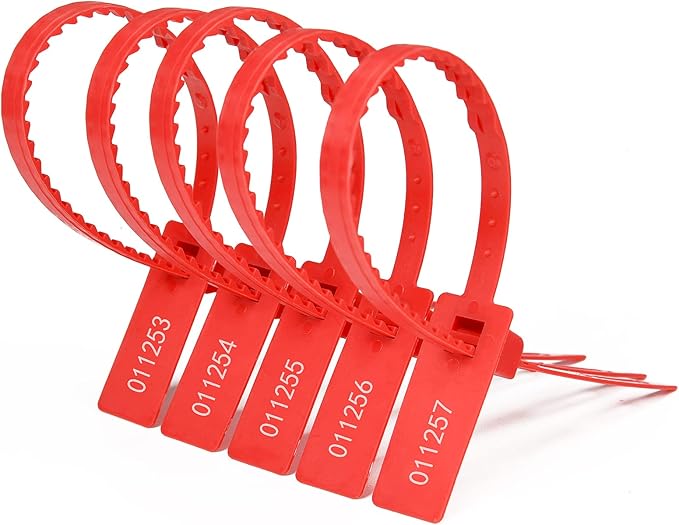 Heavy Duty Plastic Security Tag Self-Locking Tamper-Evident Shipping Numbered Pull Tight Securing Straps 337mm 13.2" (Red 100 PCS)