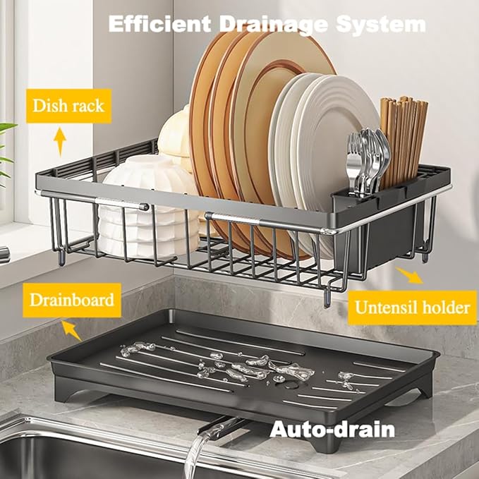 Expandable Dish Drying Rack Over Sink, Space-Saving Dish Racks for Kitchen Counter, Dish Drainer Rack in Sink with Removable Utensil Holders, 11.2" D x 14.5" W x 4.5" H, Black