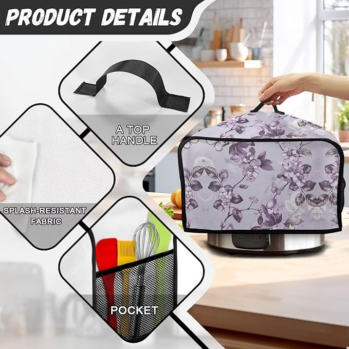 Purple Flower Slow Cooker Dust Cover Oval 6-8 Qt Dust Proof Convenient