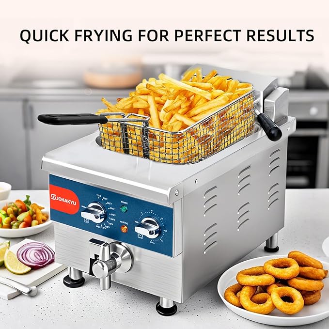 JOHAKYU 13Lbs/6L Electric Commercial Deep Fryer with Basket, Timer & Drain - Swung Up Fryer Head, 120V 1800W Stainless Steel Countertop for Home & Restaurant Use