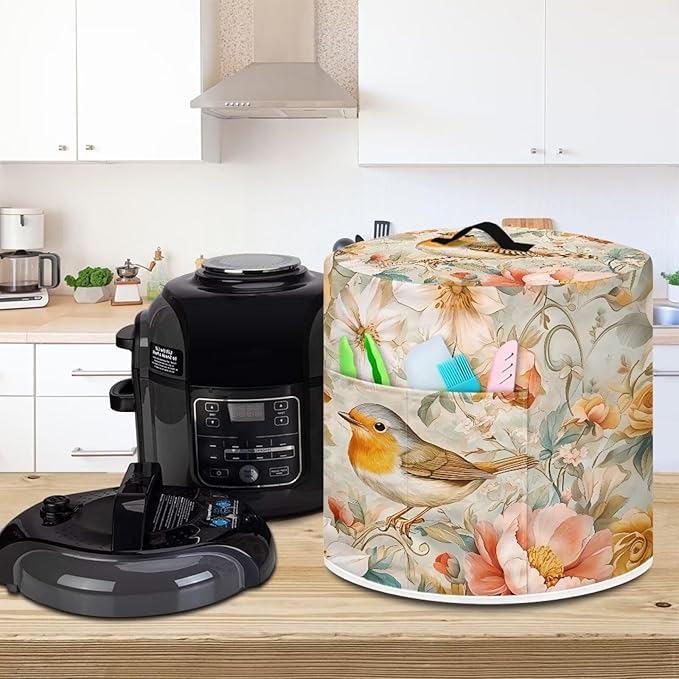 TODIYADDU Soft Floral Bird Pressure Cooker Cover with Handle Fashion Kitchen Appliance Dust Covers for Instant Pot Portable Air Fryer Dust Cover Round Protective Cover Bag Trendy Home Decor Gifts, L
