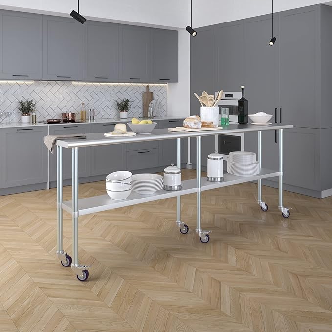 AmGood 96" Long x 18" Deep Stainless Steel Table with Casters