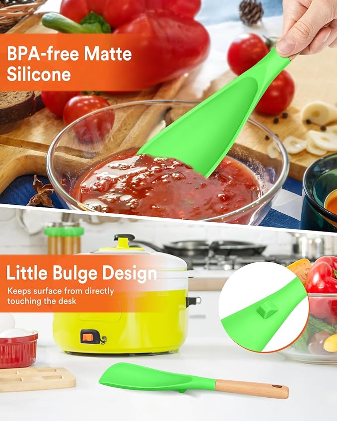 Cooking Spoon for Nonstick Cookwares, Great for Cooking and Serving Sturdy BPA-Free Matte Silicone, Wood Handle Spoon for Mixing, Scoop, and Scrape (APPLE GREEN, 11.4 inch)