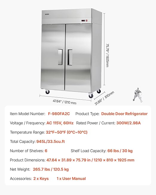 VEVOR Commercial Reach-In Refrigerator 48" W, 33 Cu.Ft Stainless Steel Upright Refrigerator with Double Glass Doors, Auto-Defrost, 6 Adjustable Shelves, 32 to 50℉ Temp Control, UL Certified