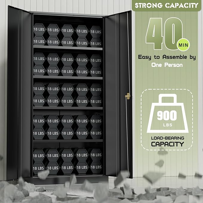Oakmont Metal Storage Cabinet for Tool Organization, 72" Lockable Garage Storage Cabinets with 2 Doors and 4 Adjustable Shelves, Locking File Cabinet for Office, Home, School (72“ Wide-Black)