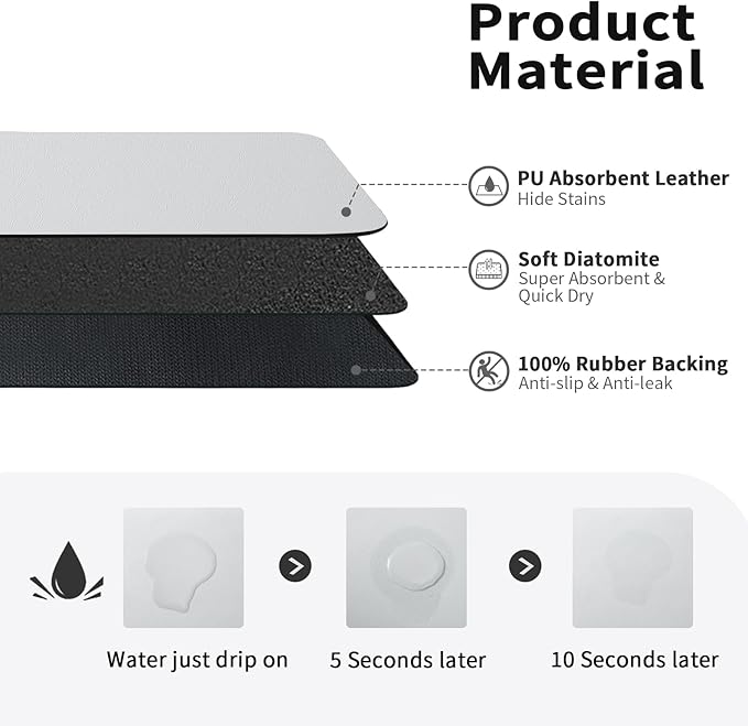 Dish Drying Mat for Kitchen Counter, Heat Resistant Drainer Mats with Non-slip Rubber Backed, Hide Stain Kitchen Super Absorbent Draining Mat, Easy to Clean Dish Rack Pad, Light Grey 18"x28"