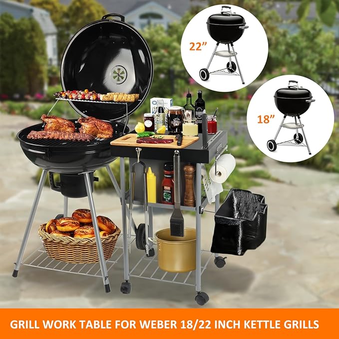 Rolling Grill Side Table Cart for 18"/22" Weber Charcoal Kettle Grills - Outdoor Prep Stand with Wheels, Mesh Storage Racks for Backyard BBQ, Camping, Parties