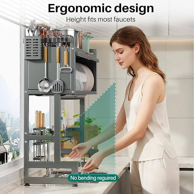 Over The Sink Dish Drying Rack with Cover, Over The Sink Dish Drainer Drying Rack 3 Tier Dish Rack, Keep Kitchen Sink Shlef Organized Space-Saving for Dishes and Cutlery (Matte Gray, 37.4" Length)