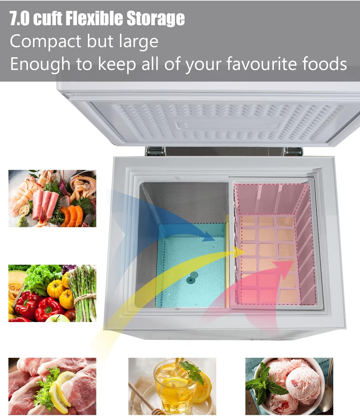 7.0 Cu.Ft Chest Freezer 7 Gears Temperature Control(-4°F to 6.8°F), Deep Compact Freezer with A Removable Basket, for House, Kitchen, Garage, Basement, Shop, White
