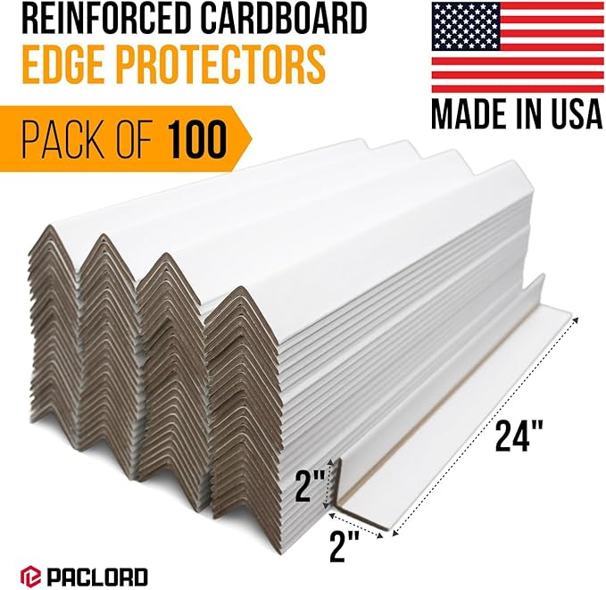 24" x 2" x 2" Reinforced Cardboard Edge Protectors, White (Pack of 100) – 0.225" Thick Extra Heavy-Duty Cardboard Corner Protectors – American Quality V-Board Pallet Edge Guard