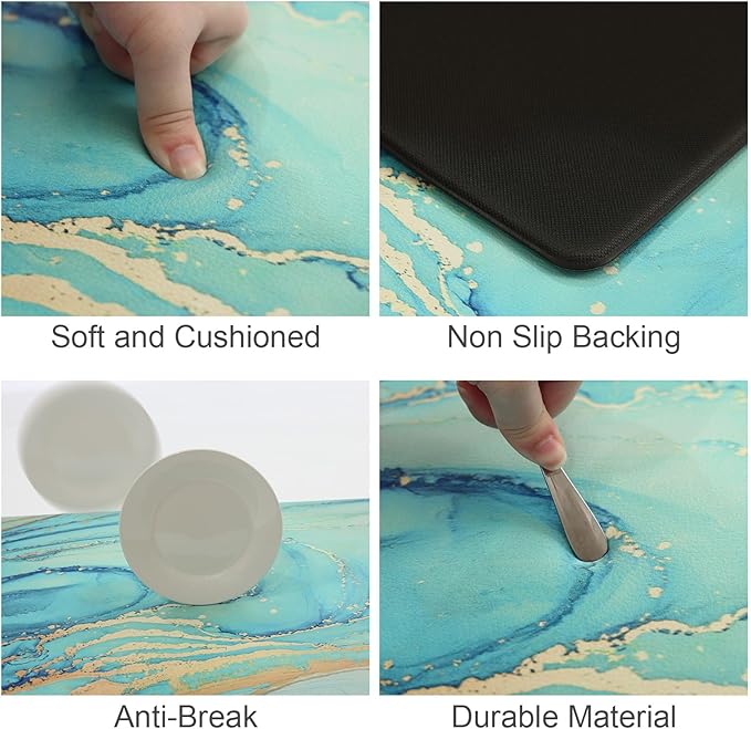 MAYHMYO Kitchen Rugs and Mats Set of 2 Teal Marble Gold Anti Fatigue Mat PVC Non Slip Turquoise Foam Cushioned Kitchen Mats for Floor,17.3 x 29 x 0.4 inch + 17.3 x 59 x 0.4 inch