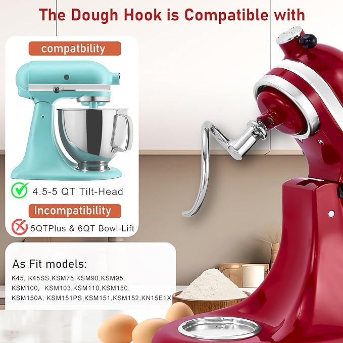 Premium 316 Stainless Steel Dough Hook Attachment for Kitchenaid all 4.5-5 Quart Tilt-Head Stand Mixers, Dishwasher Safe, Rustproof & Heavy-Duty, Kneads Perfectly Dough Master, Spatula & Recipe