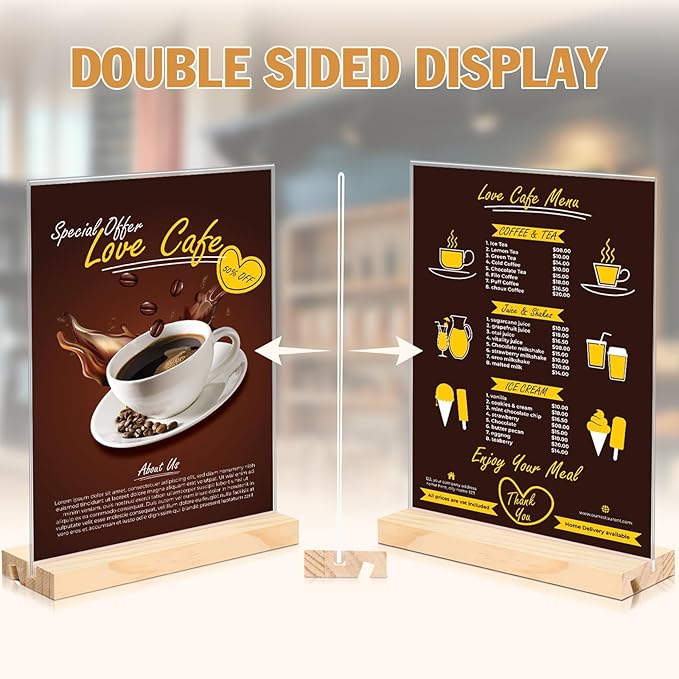 2pack 8.5x11 Acrylic Sign Holder with Wood Base for Picture Frames,L/T Shape Double Slot Design for Vertical or Slant Back Display, for Restaurant, Office, School, Store and Home Use
