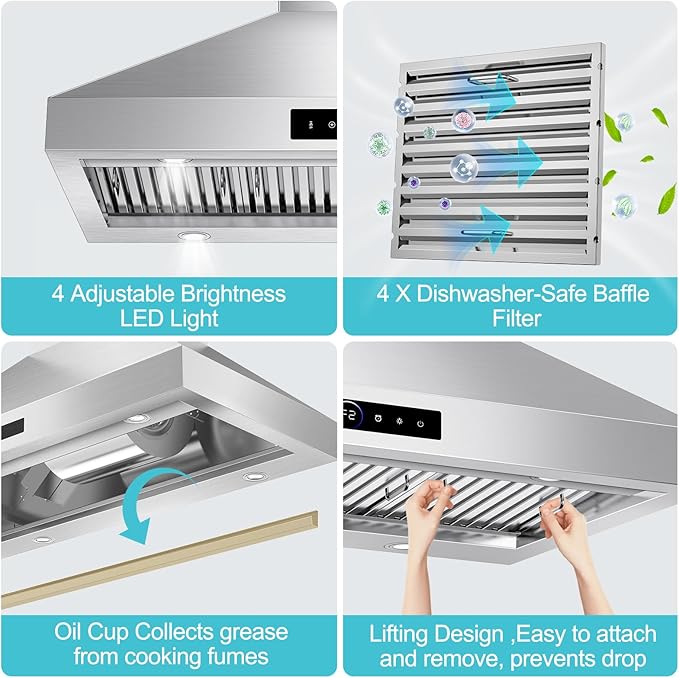 48 inch Range Hood Wall Mount, 1500 CFM with 4-Speed Gesture Sensing & Touch Control, Stainless Steel Ducted Kitchen Stove Vent Hoods with 4 LED Lights, Time Setting, Dishwasher-Safe Baffle Filters