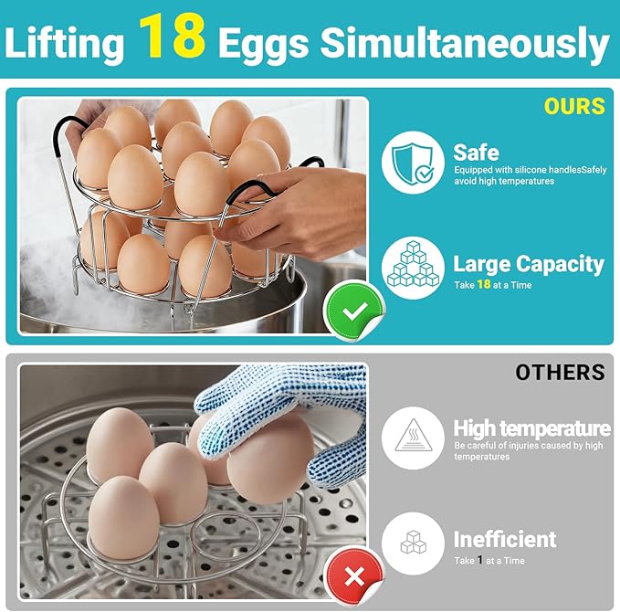 Instant Pot Egg Rack- Stackable 304 Stainless Steel Egg Steamer Rack | Holds 18 Eggs | Heat-Resistant Handles | Fits 6qt & 8qt Pressure Cookers | Egg Holder for Boiled Eggs