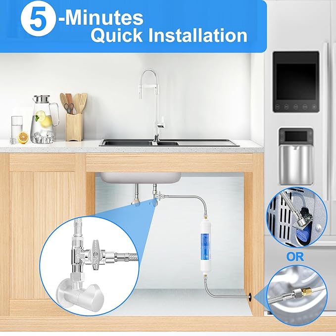 Fridge Water Line Kit - 30FT Premium Stainless Steel Braided Refrigerator Water Line with Tee Stop Valve,Foodgrade PEX Inner Tube Ice Maker Water Line with 1/4" Fittings for Refrigerator Ice Maker