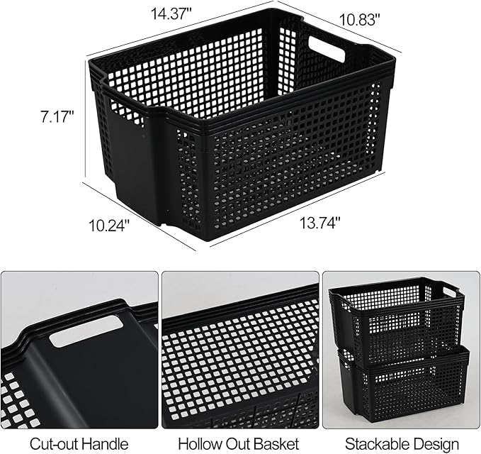 6-Pack Plastic Stackable Baskets, Stacking Plastic Storage Basket, Black