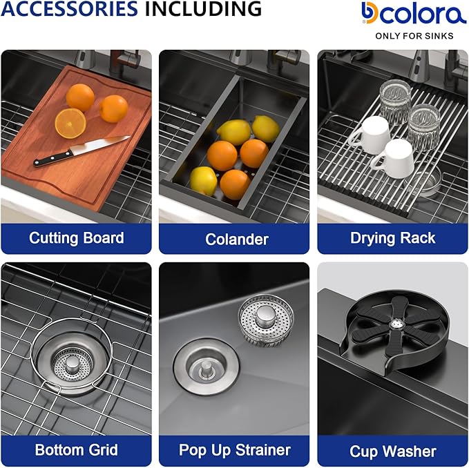 Dcolora 28 In. Black Kitchen Sink with Cup Washer, Large Single Bowl Drop In Installation, Heavy Duty 16 Gauge 304 Stainless Steel, Workstation with Valued Accessories, 28"x22"x10" #DC-T2533002BWS
