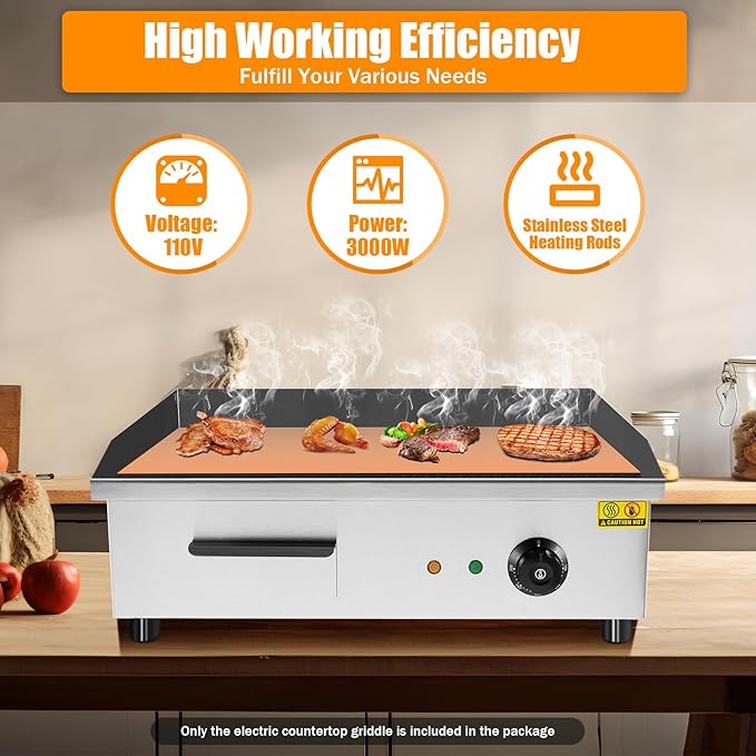Electric Countertop Griddle, 21x12 Inch Commercial Flat Top Grill with 0.31 Inch Cast Iron Plate, 3000W 110V, Temperature Control for Restaurant, Food Truck, Snack Bar and Home Kitchen