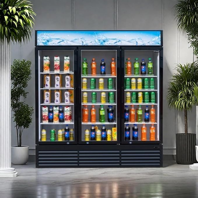 Merchandiser Refrigerator 3 Glass Door, 56 cu ft Beverage Display Cooler, Commercial Upright Fridge with LED Lighting, Adjustable Shelves for Displaying Beverages, Beer, and Drinks, Black