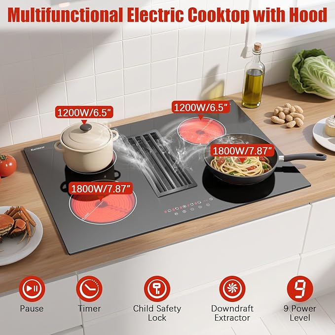 Karinear 30 Inch Electric Cooktop with Downdraft Range Hood, 4 Burners Glass Radiant Stovetop 240V Hardwired, 9 Power Levels, Timer, Pause, Child Lock, 3-Speed Exhaust Fan(No Exhaust Pipe Required)