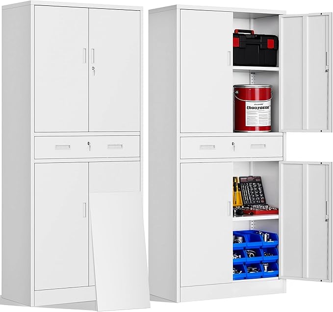 CJF Metal Storage Cabinet with Drawer and Adjustable Shelves, 71" H Locking Storage Cabinet for Pantry Kitchen, Home, Office, Garage, Living Dining Room (White)
