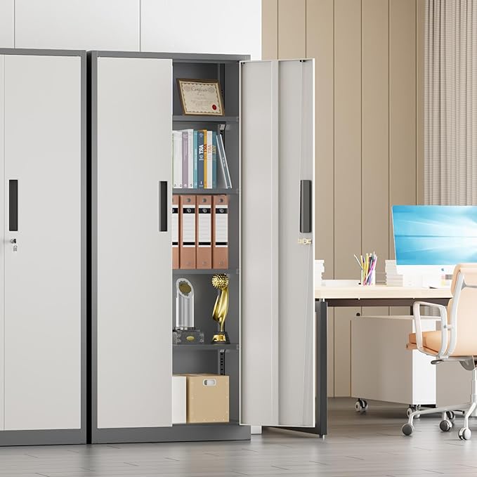 Crownland 63" Metal Storage Cabinet, Lockable Garage Storage Cabinets, High Office Cabinet with Adjustable Shelves for Garage, Home Office, Pantry, File(Grey & Light Grey)